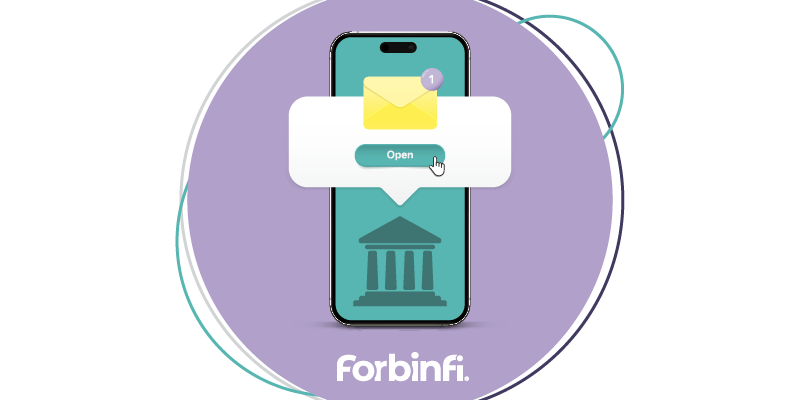 Illustration of mobile device with bank building and an email envelope with a mouse clicking