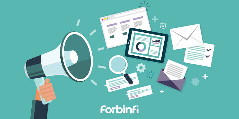 hand holding a megaphone with digital marketing icons including a webpage, tablet with charts, email envelope, magnifying glass, and gears