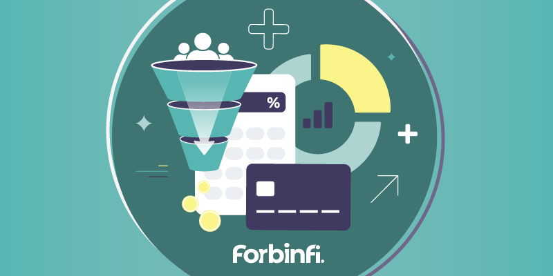 Illustration of different digital marketing strategies with a funnel and people, calculator, graphs, credit card