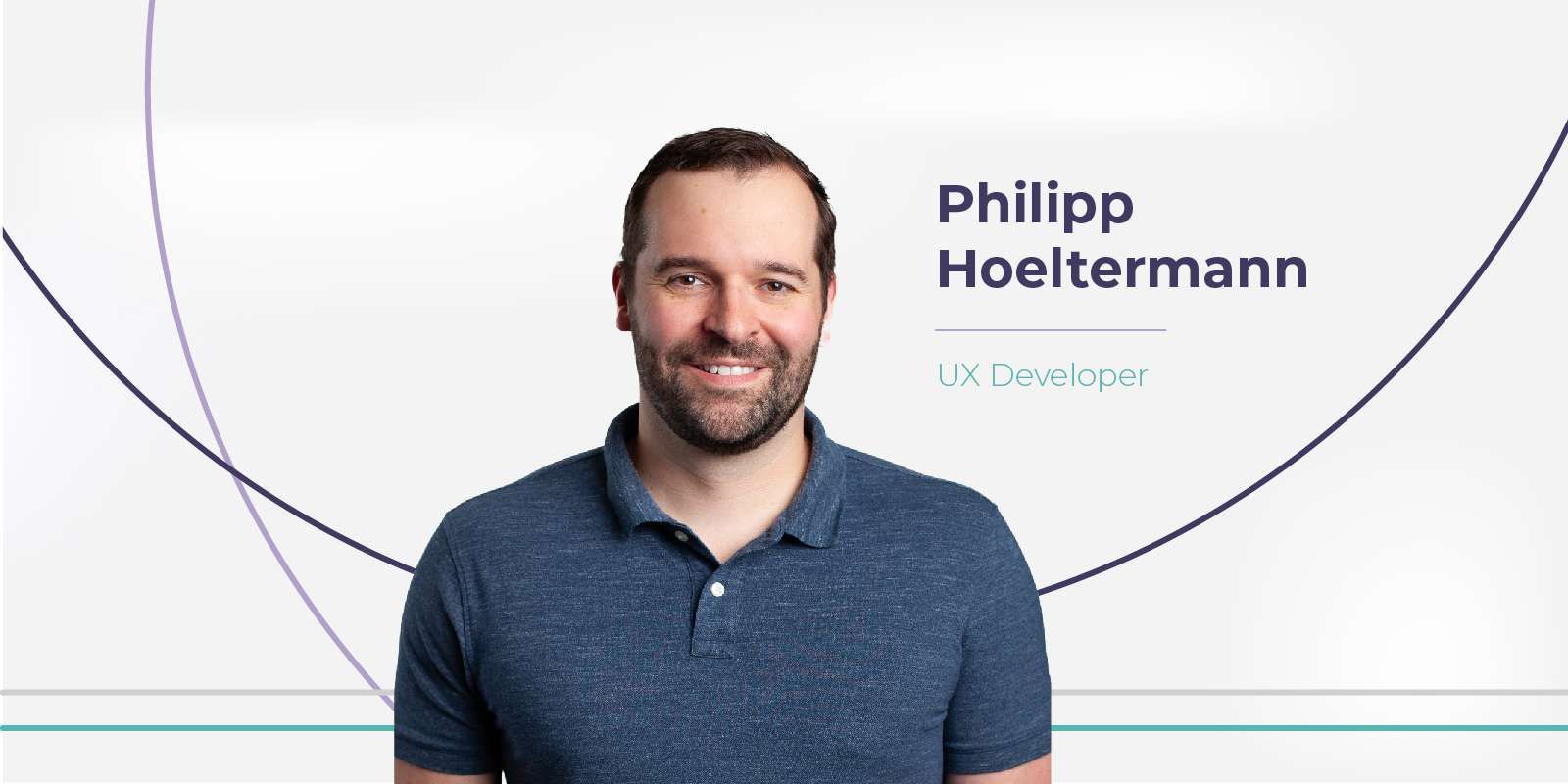 Portrait of Philipp Hoeltermann wearing a dark blue polo shirt on a grey background with his name and title 'UX Developer' and lines intersecting behind