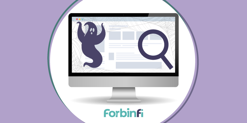 Illustration of desktop computer screen with website, magnifying glass, cowebs in the corner, and a spooky ghost