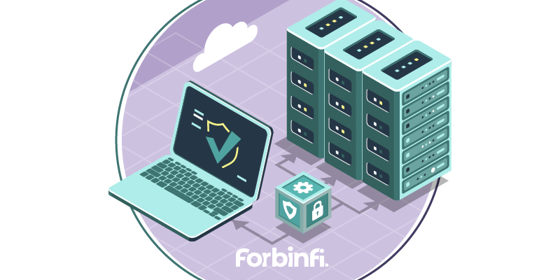 a laptop with a shield and checkmark on the screen, connected to a cube with a padlock icon