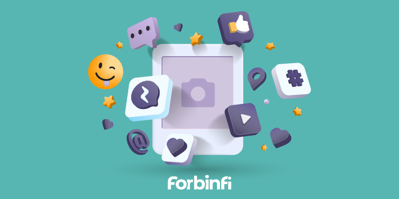 smartphone with social media icons—smiley face, speech bubbles, thumbs up, location pin, hashtag, hearts, and stars