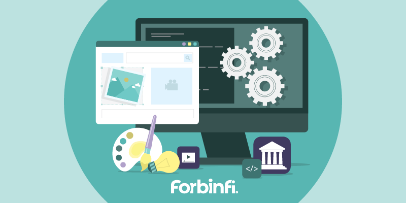 laptop with website design tools and banking icons