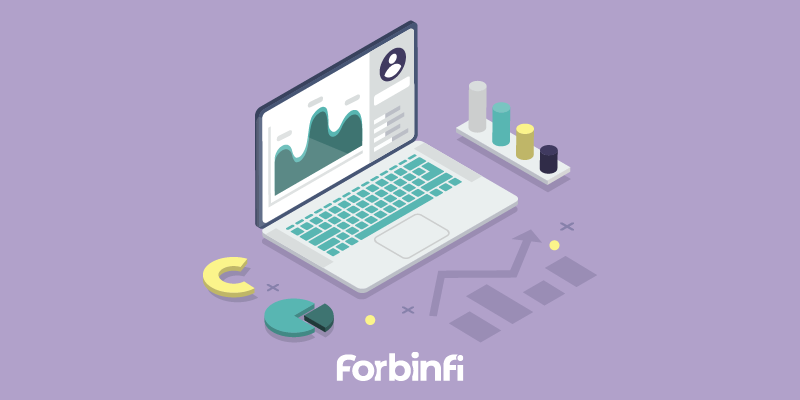 Illustration of laptop with chart on it, graphs around it, and forbinfi name on graphic