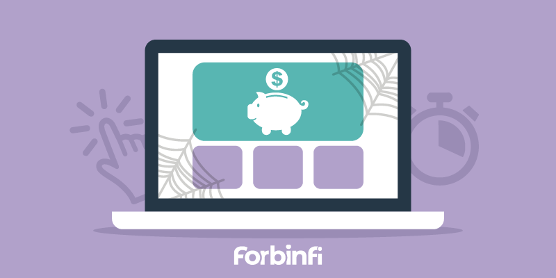 Illustration of website with cobwebs on it and a piggy bank with a coin floating above it, a pointer click icon and clock icon