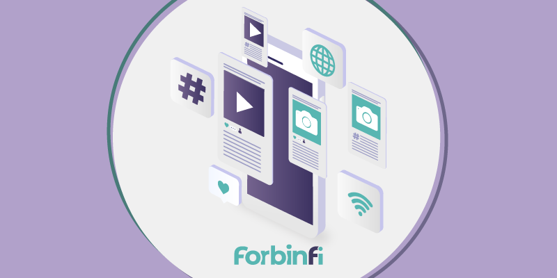 Illustration of smartphone with different social media icons like hashtags, heart, WiFi, camera, play button
