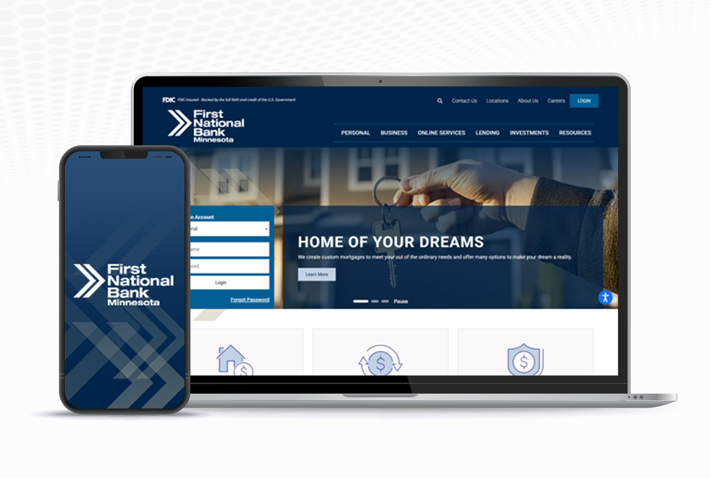 external link in new tab to fnbmn.bank First National Bank Minnesota Website Mockup