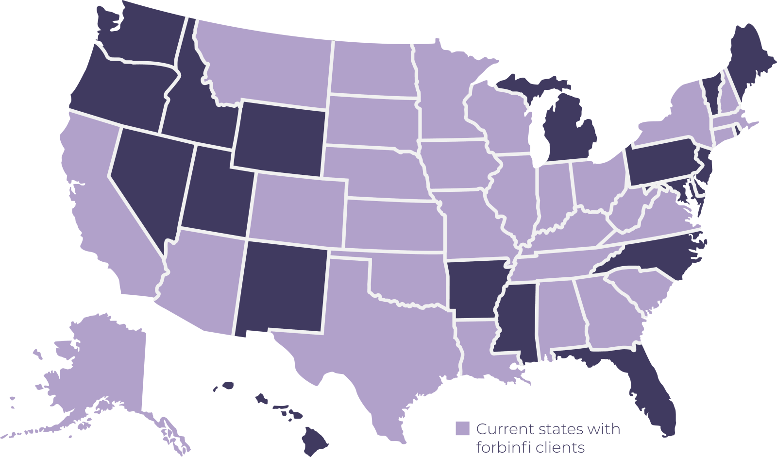 map of the United States of America with states served highlighted in light purple